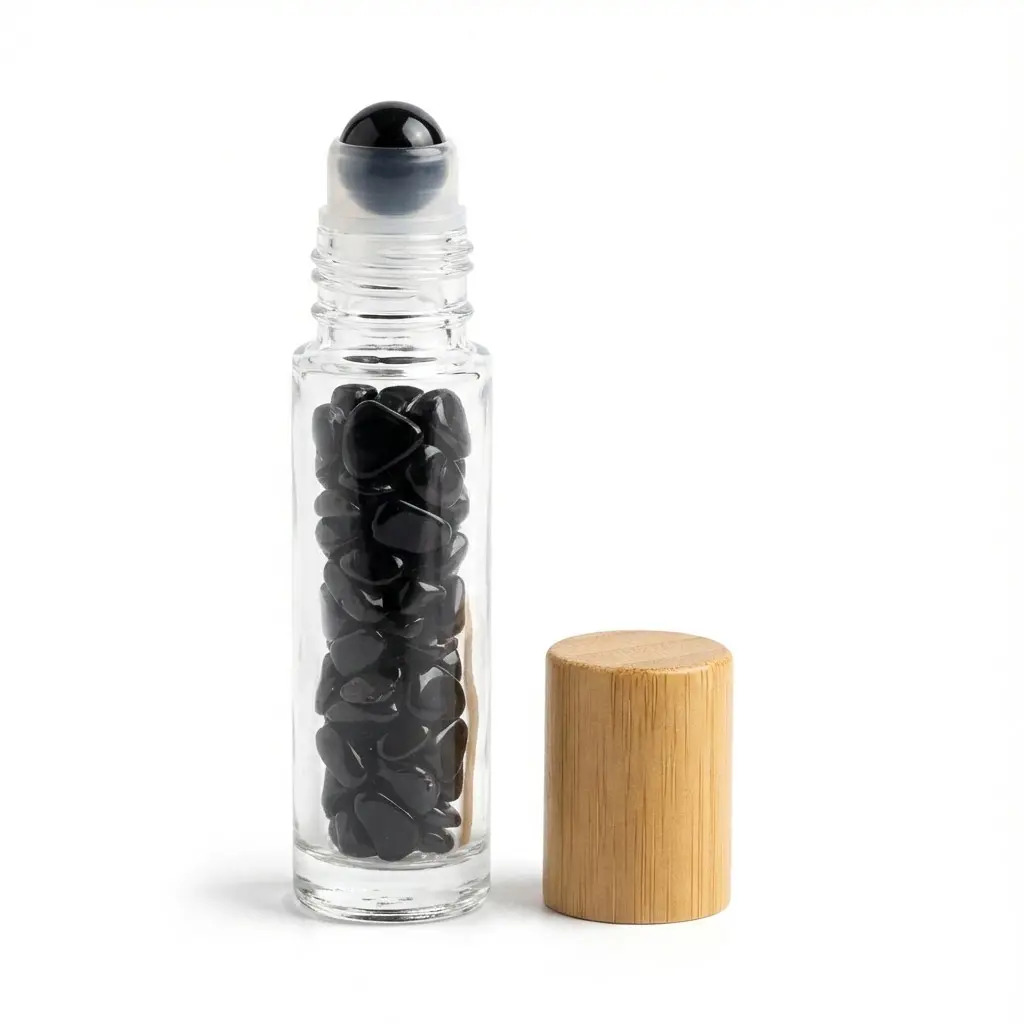 Black Obsidian Roller Bottle 10ml — Crystal Chip Oil Bottle for DIY Blends