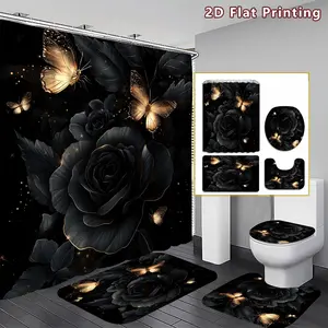 4PCS Enchanted Butterflies and Roses Shower Curtain set, Black and Gold Floral and Butterfly Bathroom Decor, Accessories with Bath Mat, U-shaped Mat, Toilet Lid Cover, 12 Hooks 180x180cm Curtain, Nature's Elegance, Home Decor, bathroom accessories, Flower