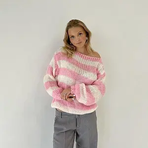 Striped Pullover Sweater Long-sleeved Knitted Fitted Crew Neck Casual Commute Medium Length Plaid Pattern Blue Army Green Gray Pink Deer Plush Fabric