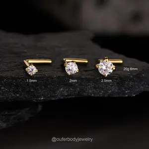 OUFER BODY JEWELRY 14 Karat 20G L-Shape Round CZ Nose Stud, Unisex Minimalist Daily Wear Body Piercing Jewelry, Nose Piercing