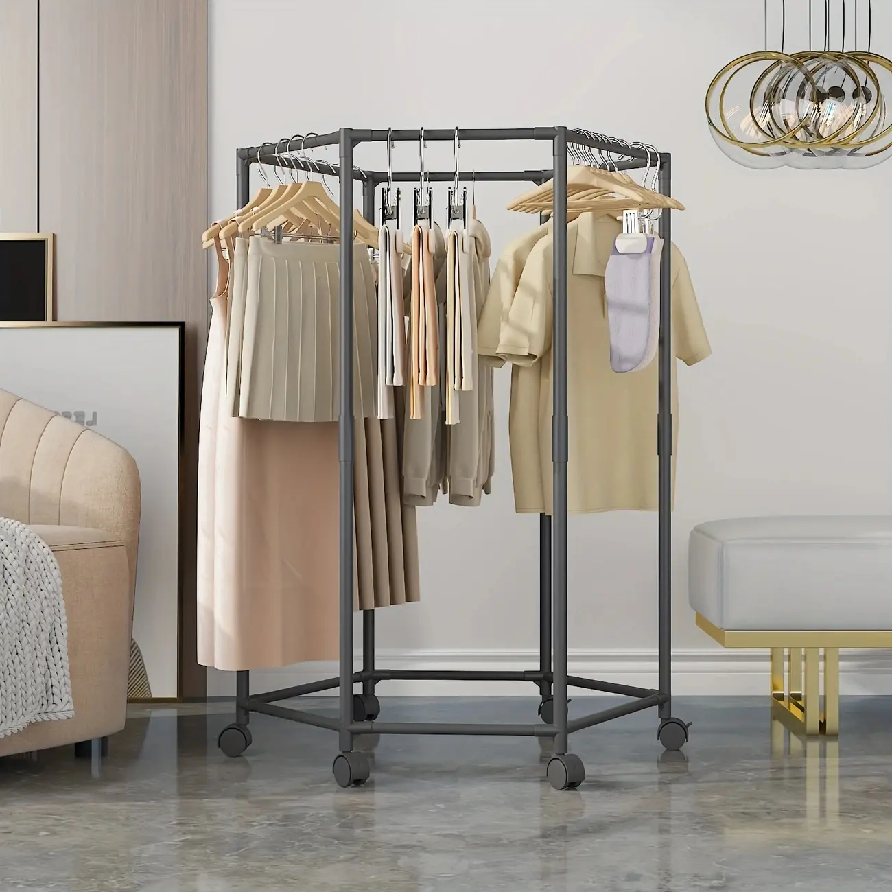 360° Rotating Garment Rack with Wheels, Multi-Layer Rolling Clothing Organizer for Bedroom Closet Storage Organization Smooth Fitting