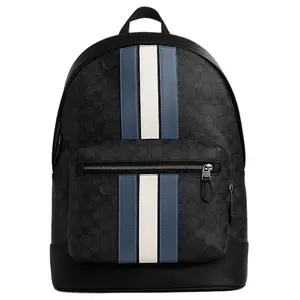 COACH West 32 Striped Zip-Top Synthetic Leather Backpack – Large, Men’s, Charcoal Black, Denim Blue, and Chalk White