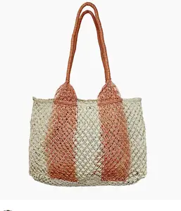Woven jute striped beach bag