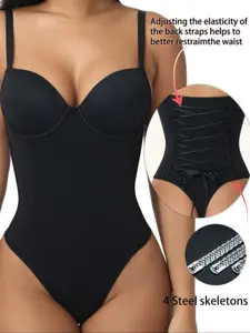 Women's Columbia Compression Shapewear Bodysuit Bra, Seamless Triangle Waist Control, Adjustable Straps, Fashion Back Tie, Bone Sculpture