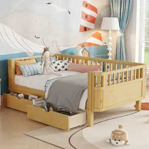 Twin Size Platform Bed for Kids, Wood Twin Bed Frame with Storage Drawers and Rails, No Box Spring Needed
