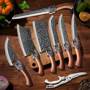 Professional 8-Piece Stainless Steel Chef Knife Set with Hammered Finish Blades, Sharp for Kitchen Use in Meat and Vegetable Preparation, Easy to Clean—Perfect Family Gift.