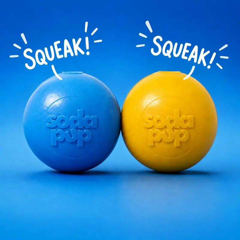 SodaPup Ultra Durable Interactive Squeaking Floating Chewer Ball for 30-50 lbs Dogs, PUP-X Blue, Made in USA, 30 Day Replacement Guarantee