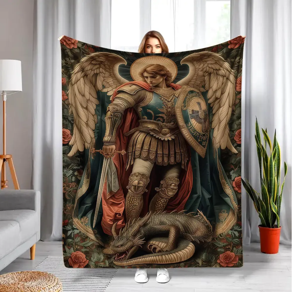 Saint Michael Archangel Dragon-Defeating Renaissance Floral Throw Blanket Dark Botanical Rose Border Medieval Armored Angel Flannel Soft Sacred Warrior Serpent Design Catholic Christian Faith Gift
