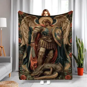 Saint Michael Archangel Dragon-Defeating Renaissance Floral Throw Blanket - Dark Botanical Rose Border, Medieval Armored Angel Flannel, Soft Fleece, Sacred Warrior & Serpent Design, Catholic Christian Faith Gift