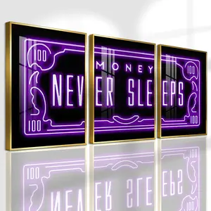 3 Count Aluminum Alloy Frame Canvas, Money Never Sleeps Neon Sign Poster, Wall Decoration, Modern Art, Modern Minimalist Design, Rectangle Wall Art, Suitable For Living Room, Bedroom, Home Office, Cafe, Family Decor, Gift