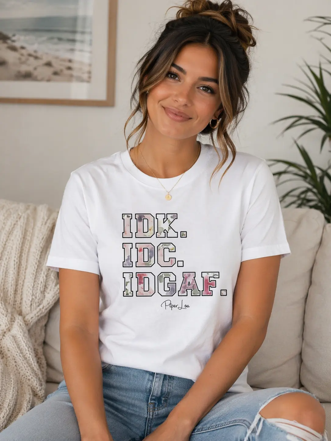 IDK.IDC.IDGAF. Classic Tee - Floral Design 100% Ring-Spun Cotton Soft Comfy T-Shirt with Double Stitching on Neckline and Sleeves