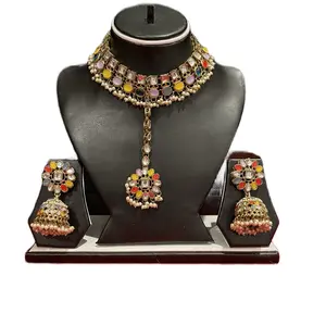 Multi colored Bollywood Necklace with matching earrings and bindi