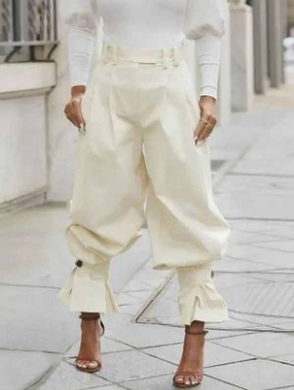 Women High Waist Pleated Harem Pants, Plus Size Button Flared Cuff Tapered Trousers, Casual Loose Wide Leg Pants with Side Pockets for Street Outfits