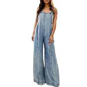 Women's Denim Overalls Loose Vintage Washed Raw Trim Square Neck Open Back Sleeveless Wide Leg Jumpsuit