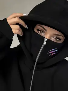 Women's Graphic Print Hooded Sweatshirt with Zipper Pocket, Casual Loose Fit Fall & Winter Top, Comfortable Daily Wear, Casual Hoodie Jacket