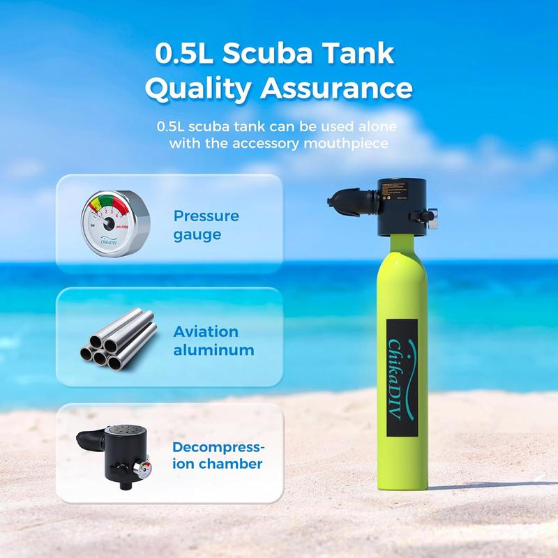 Mini scuba tank with Sub mask, 0.5L Diving Tank with Full face Mask Underwater Breath System Lung Tank DOT Certified Pony Bottle for Snorkeling,Suitable for various scenarios such as beach snorkeling and pool parties.