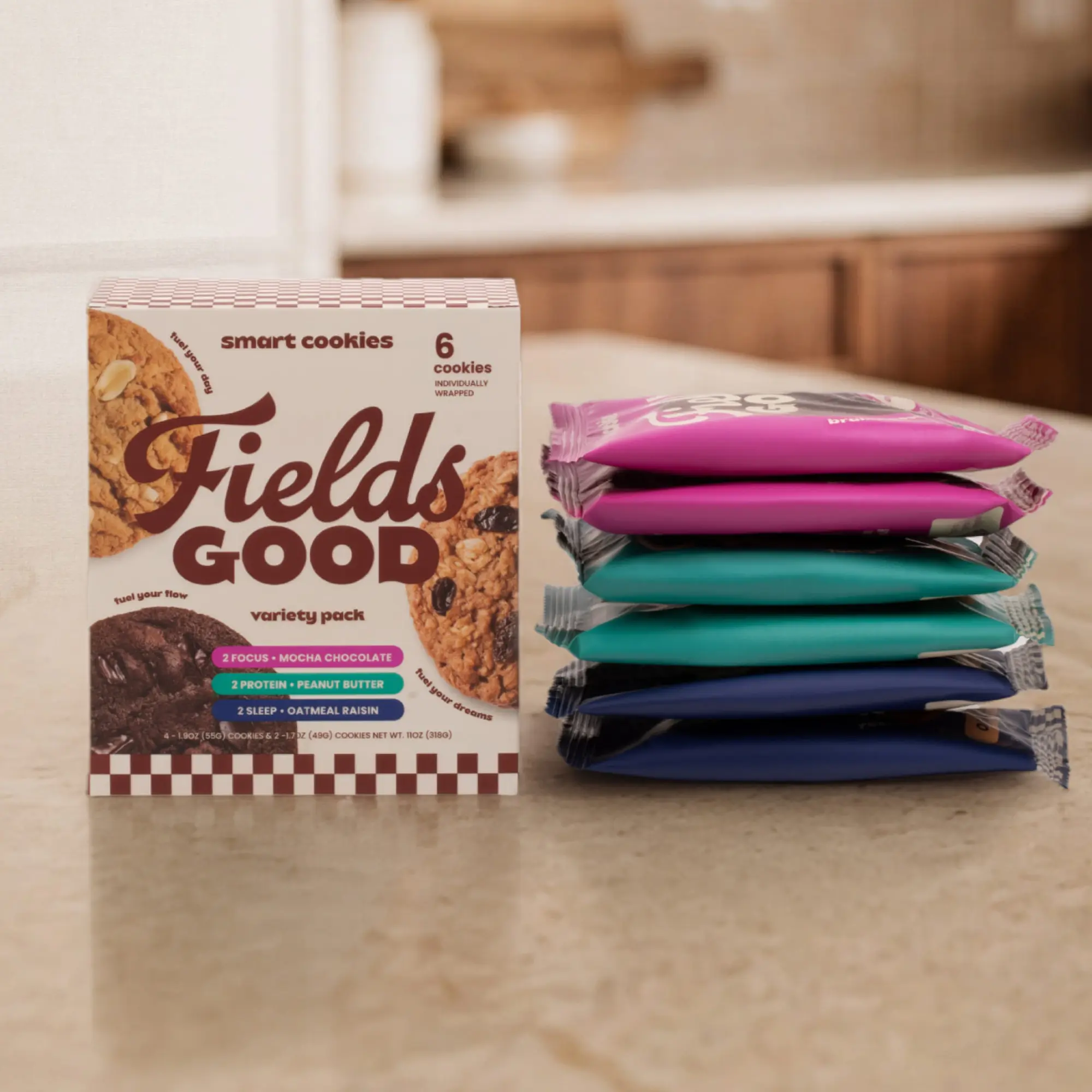 The Fields Good Sampler  | Functional Cookies Variety Pack, 6 Count - Focus Cookie with 3g Creatine, Protein Cookie with 10g Protein & Sleep Cookie, Soft & Chewy, Individually Wrapped Snack