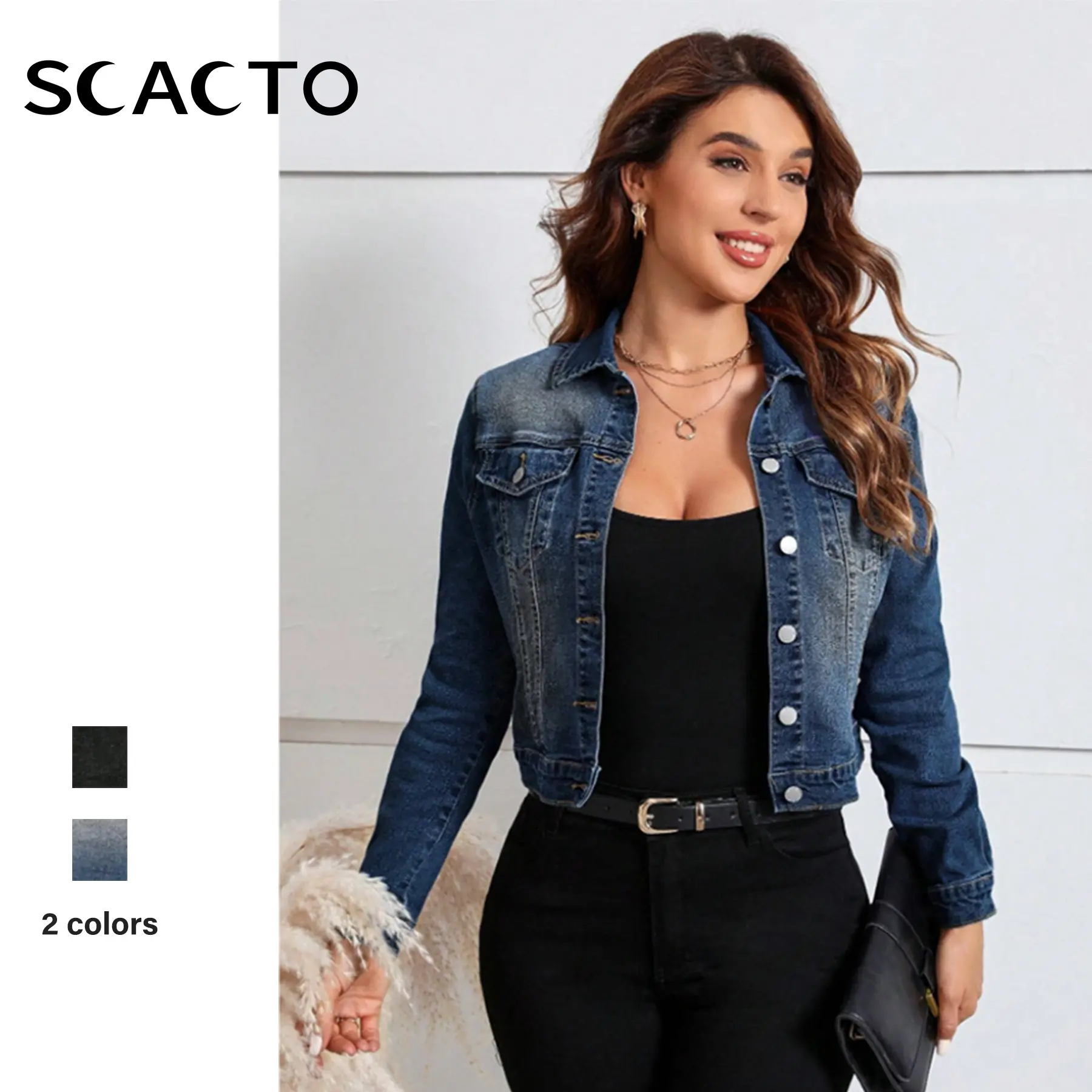 【Plus Size】Scacto Women's Casual Distressed Cropped Denim Jacket Fitted Long Sleeve Medium Length All Seasons Plain Style 100% Polyester Regular Length Regular Sleeves Sizes S-3XL Tops Outerwear