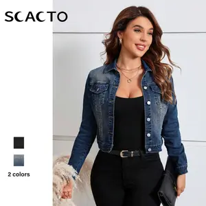 Scacto Women's Casual Distressed Cropped Denim Jacket Fitted Long Sleeve Medium Length All Seasons Plain Style 100% Polyester Regular Length Regular Sleeves Sizes S-3XL
