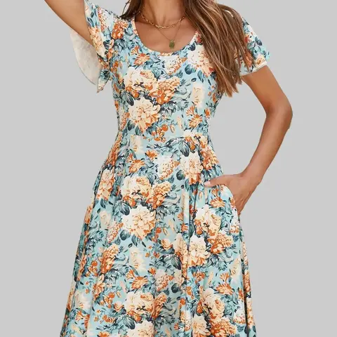 ZEAGOO Women's Fitted A-Type Above-Knee Floral Print Spandex Casual Swing Mini Dress - Crew Neck, Ruffle Sleeves, Flat Design, Pockets + Lightweight Cardigan (Floral Dress for Women, Going Out)