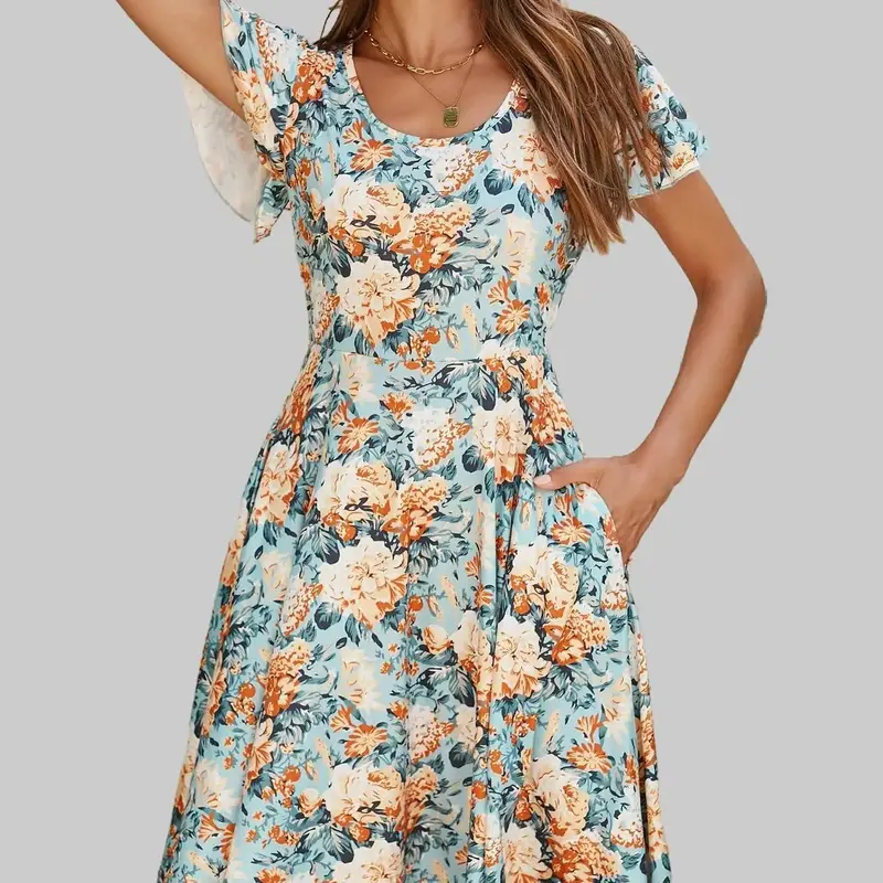 ZEAGOO Women's Fitted A-Type Above-Knee Floral Print Spandex Casual Swing Mini Dress - Crew Neck, Ruffle Sleeves, Flat Design, Pockets + Lightweight Cardigan (Floral Dress for Women, Going Out)