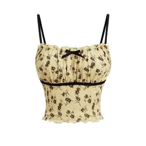 Women's Floral Printed Bowknot Decorated Ruffled Hem Cami Top with Adjustable Straps and Elegant Design