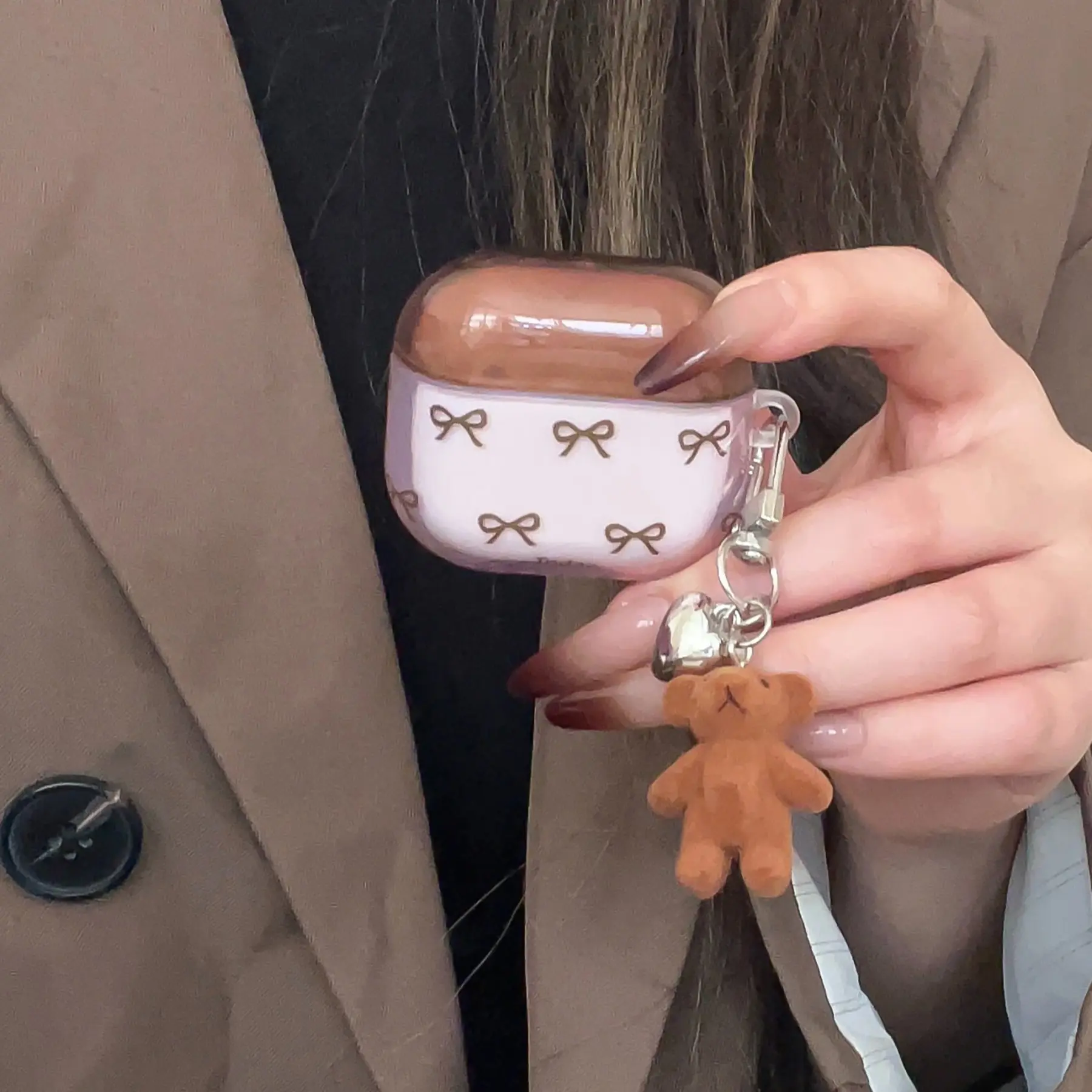 Korean Style Colorblock Bow Bear Earphone Case for Apple AirPods Pro 2/3/4/2, Fashionable Women's Simple Design, Cute Hanging Decoration Accessories