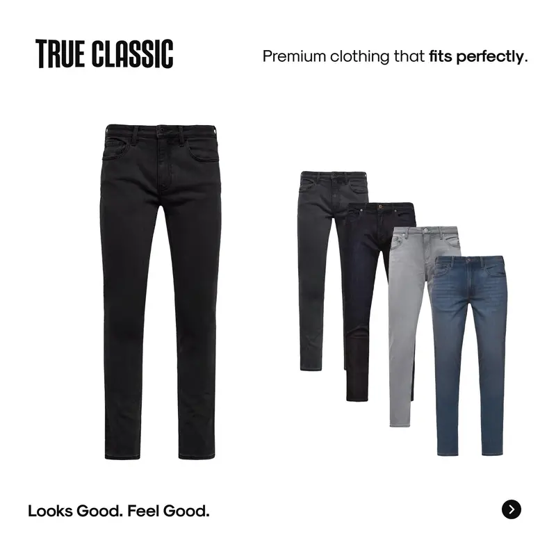 True Classic Men's Slim Fit 5-Pocket Denim Jeans - Button Closure, 4-way Stretch Ease, Modern Tapered, Streetwear Style, Effortless Versatile for Tee Pairing