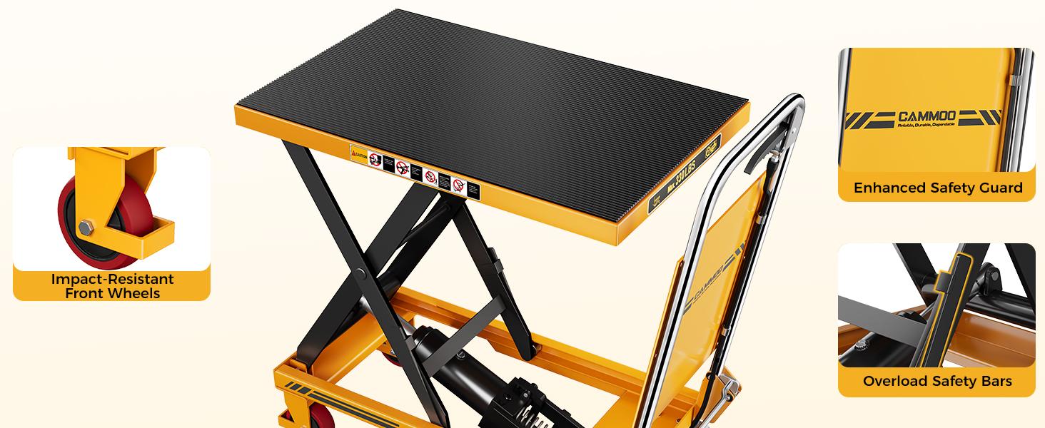 CAMMOO Foldable Hydraulic Lift Table Cart, 330lbs Capacity, 28.5" Lifting Height, Single Scissor Lift with Non-Slip Pad & Thickened Scissors Design for Material Handling and Transportation, Yellow