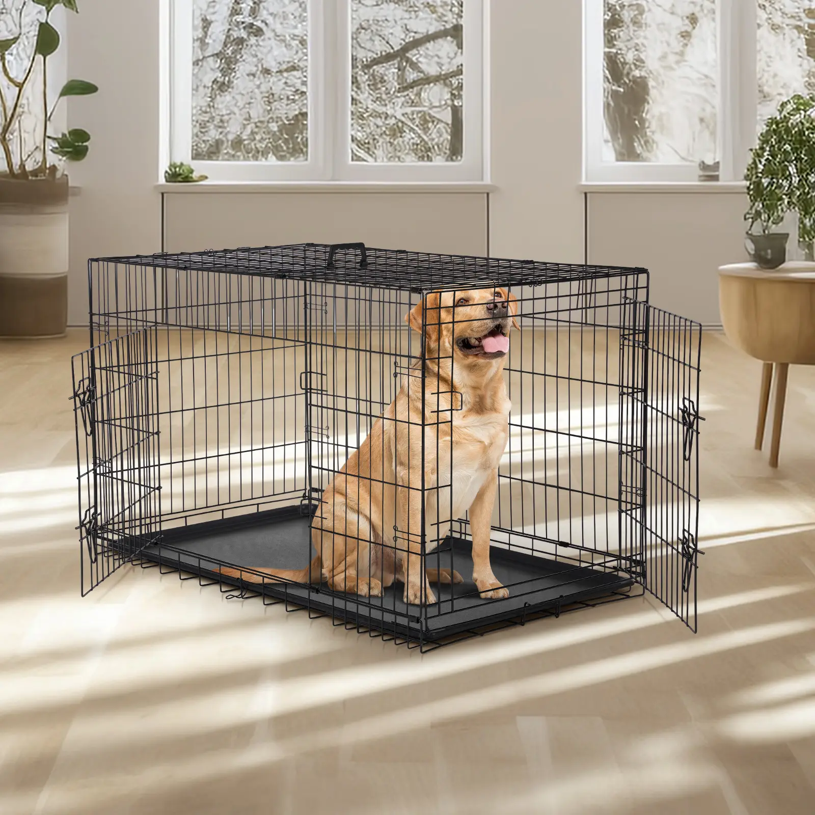 Foldable Large Dog Crate Enclosure with Divider Panel, 24"/30"/36"/42"/48" Double-Door Metal Wire Escape-Proof Kennel, Leak-Proof Plastic Pan Tray, for Indoor & Outdoor Use