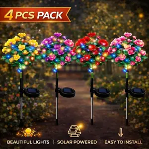 4 P4 Pack Solar Garden Lights Outdoor, Waterproof Multicolor Azalea Flower Stake Lights, Decorative Solar Pathway Lights for Yard Patio Lawn Walkway, No Wiring Needed