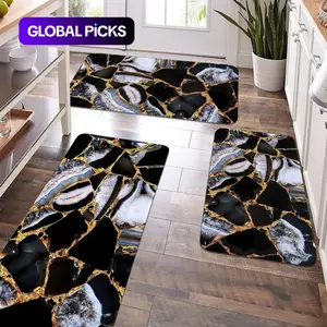 JIT 2/3pcs Kitchen Flannel Marble pattern Artistic Decorative carpet Kitchen carpet set, flannel bedside set floor mat anti-slip washable bedside soft carpet, Washable Kitchen Rugs, suitable for kitchen, laundry room, corridor floor running mat carpet