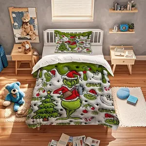 2/3 snowflake green fur monster pattern printed duvet covers, 3D digital printing, perfect for children's bedroom Christmas decoration, perfect gift for children