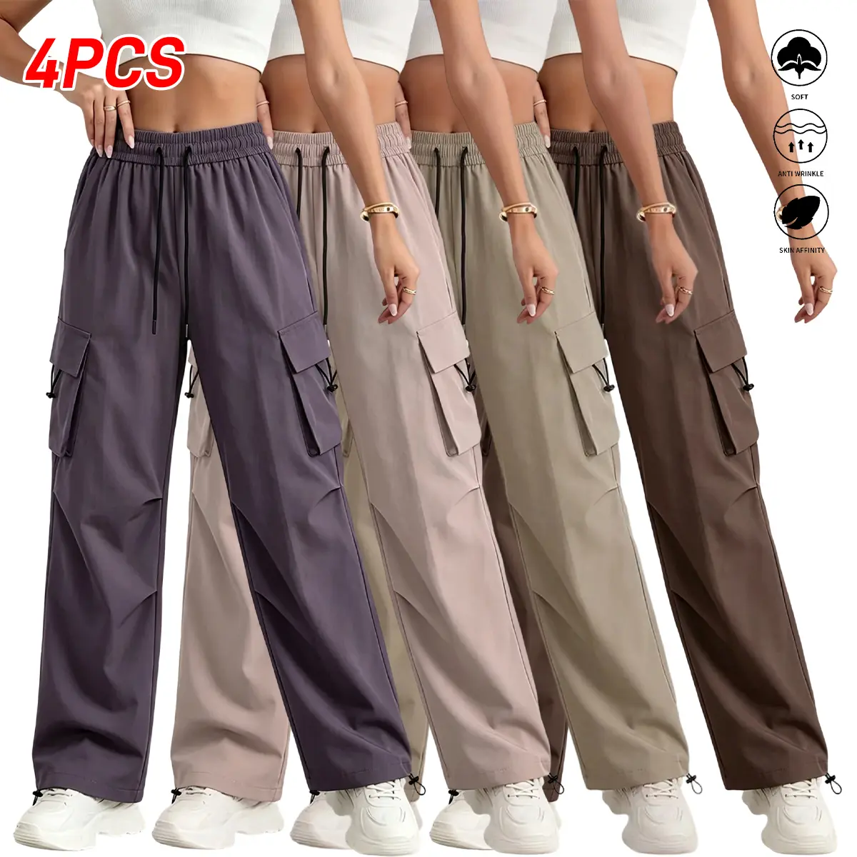 Women's 4-Pack Lightweight Athletic Cargo Bottoms, Fitted Straight-Leg Cuffs, Breathable Summer Design, Elastic Waistband with Drawstring, Multiple Pockets, Solid Color, Versatile for Spring-Autumn Everyday Wear & Workouts