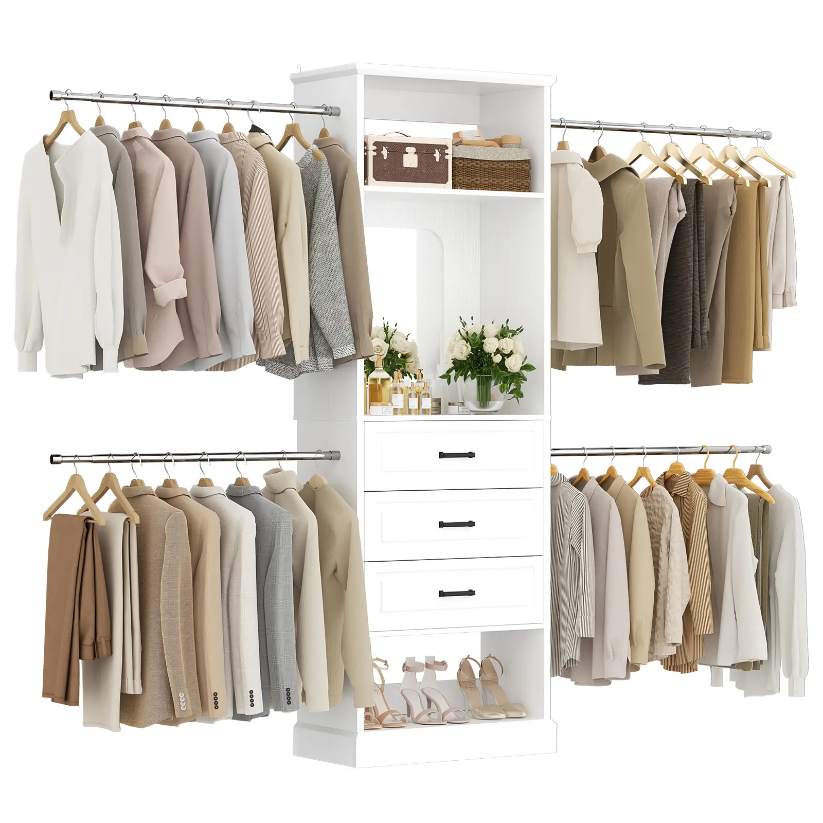 Unikito Closet System, 4FT - 9FT Closet Organizer with Mirror, Luxury Walk in Closet Insert with Drawers and 4 Hanging Rods, Sturdy Wood Wardrobe Closet Garment Rack with 25” Tower