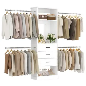 Unikito Closet System, 4FT - 9FT Closet Organizer with Mirror, Luxury Walk in Closet Insert with Drawers and 4 Hanging Rods, Sturdy Wood Wardrobe Closet Garment Rack with 25” Tower
