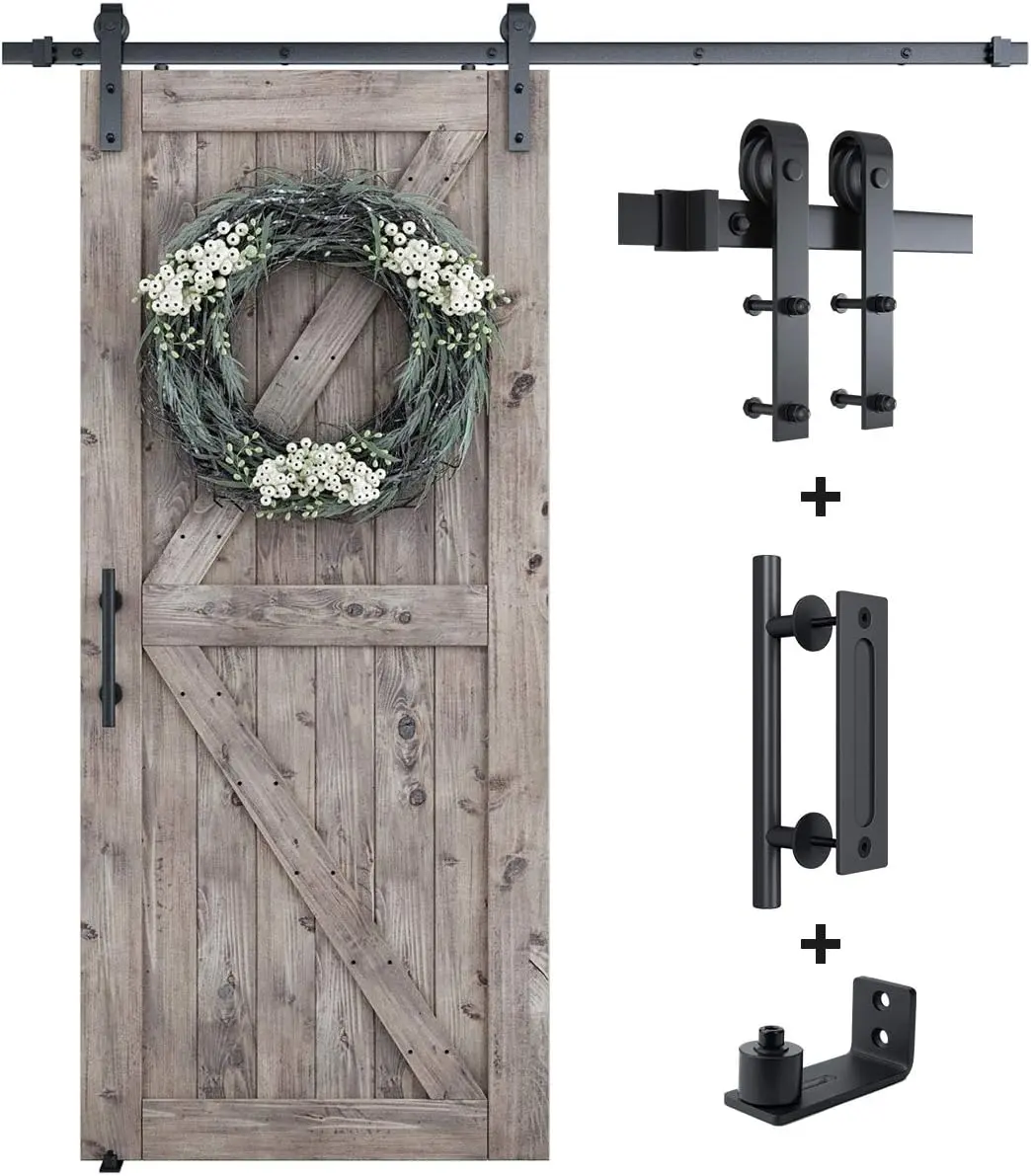 6.6FT Sliding Barn Door Hardware Kit (Include 6.6ft Track Kit & Pull Handle Set & Floor Guide), Smoothly and Quietly, Easy to Install, Fit 36"-40" Wide Door Panel (J Shape)