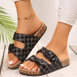 Womens Sandals Stylish Checkered Slip-On Sandals with Buckle for Women and Double Buckle Adjustable Straps Springfresh