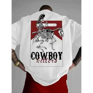 Men's Skeleton Graphic & Letter Print Round Neck Tee, Loose Casual Short Sleeve T-shirt for Daily Wear, Men's Top for All Seasons, Graphic Tees, Western Clothing, Vintage Graphic Tees,  Mens Clothing white good