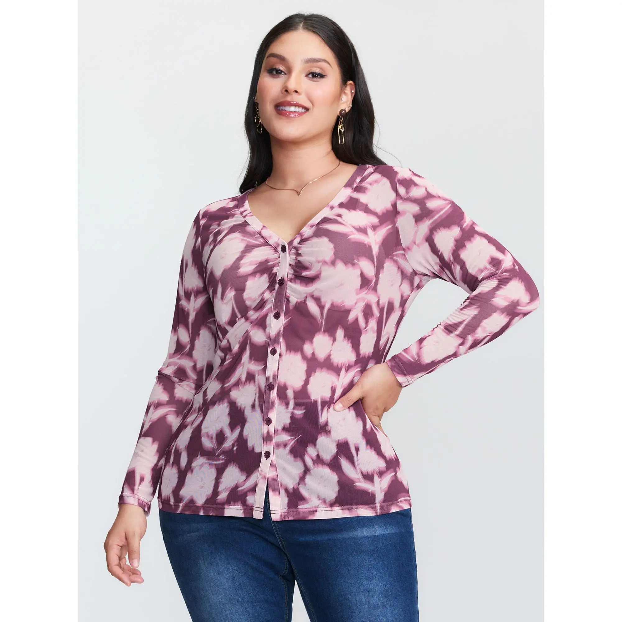 BLOOMCHIC Women's Plus Size Casual Full-Sleeve Elastane-Blend Floral Blouse - Garment with Shirred Bodice, Button Accent, Colorblock Design, Regular Length, M-6X Sizes, 2026 Summer Finds, Fabric, Romance, Full Sleeves, Spandex Blend, 22-24/3X, Everyday Ba