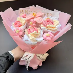 Rose Lily Puff Flower Bouquet Yarn Bundle with Gift Bag, Handmade Knitted Yarn Bouquet, Perfect Valentine's Day and New Year Gift