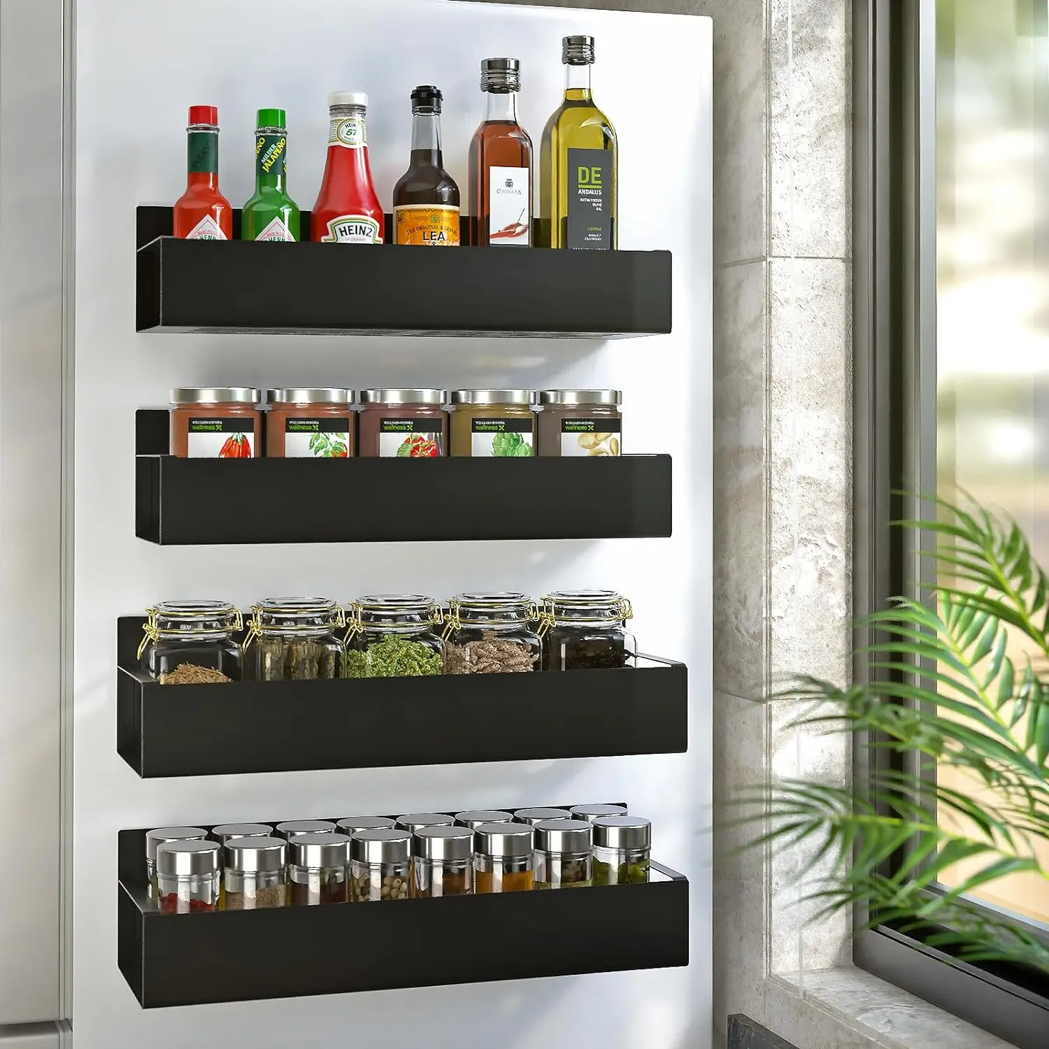 4 Pack Magnetic Spice Storage Rack Organizer for Refrigerator and Oven, Black Fridge Organizers and Storage