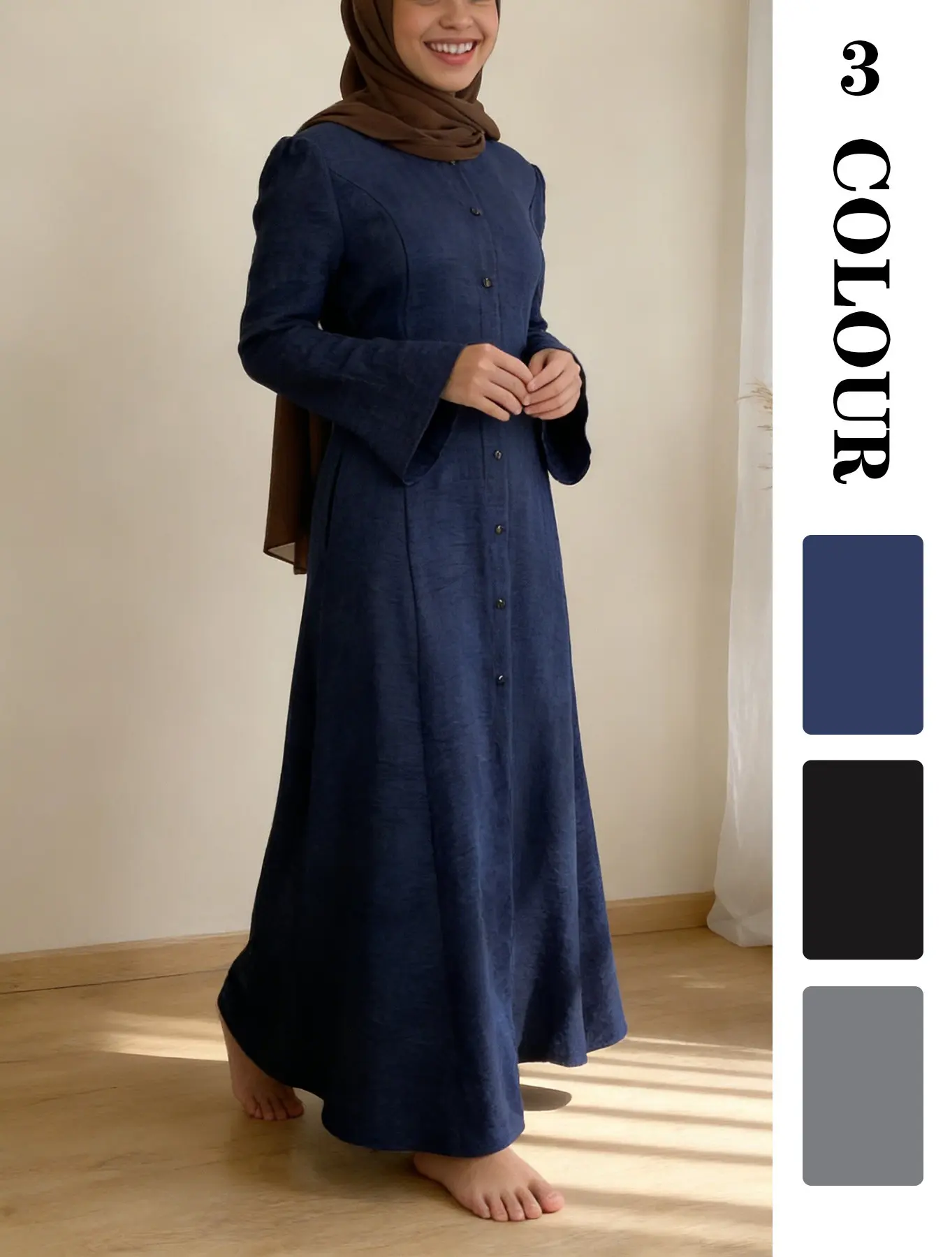 Muslim Sleepwear Dress for Women, Button Front Design, Available in 3 Colors, 5 Sizes, Soft and Slimming, Modest Style Dress, Hijab Style, Modest Muslim Outfits, Islamic Modesty Clothes, Islamic Clothes