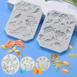 5 Pack Butterfly Rose Flower Stems Birds Blossoms Silicone Fondant Mold,for Making Chocolate Fondant Jelly Polymer Clay Soap Crafting DIY Projects and Cake Decoration Reusable