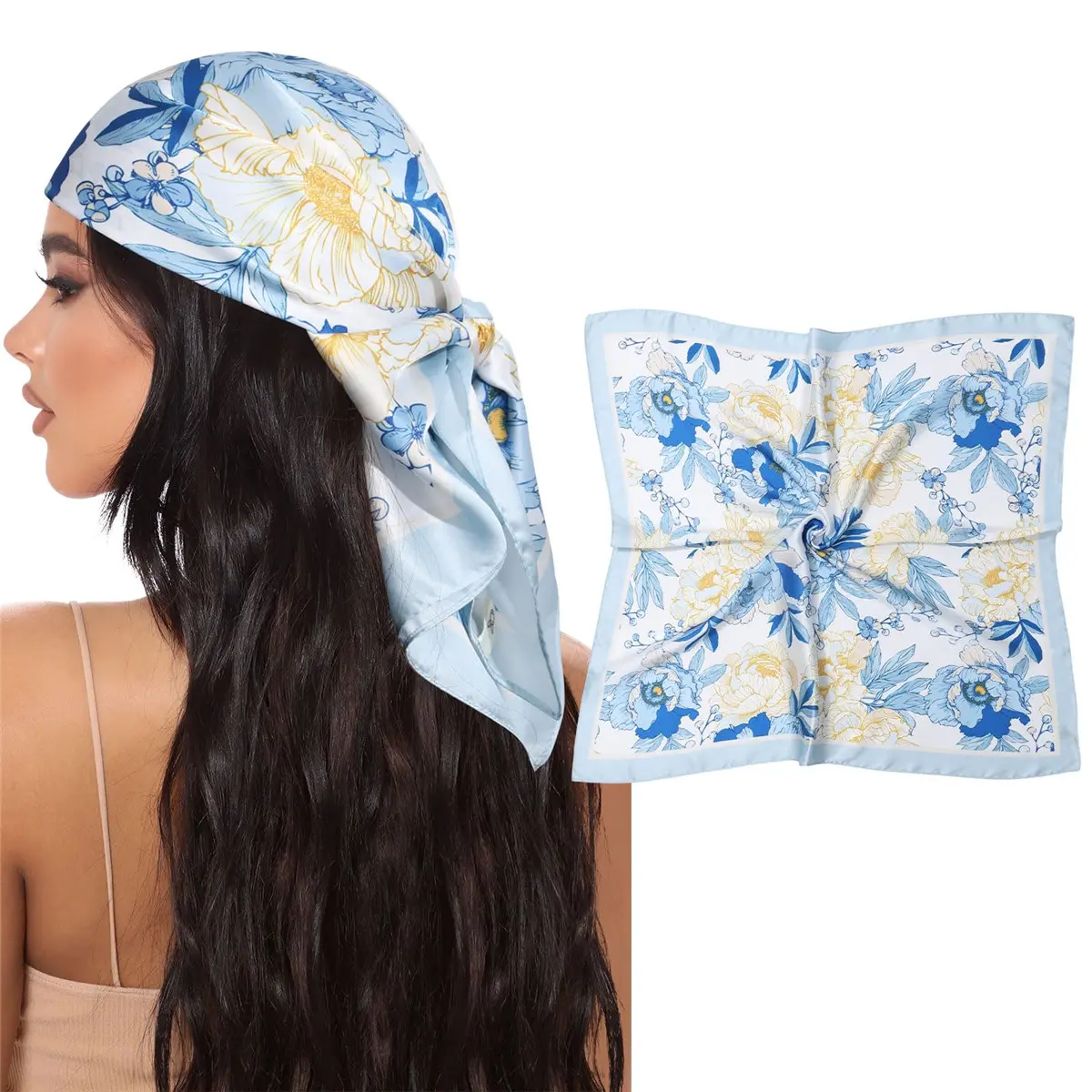 Women's 27.5” Square Satin Floral Head Scarf, Silk-Like Printed Decorative Bandana Neckerchief, Hair Wrap for Daily Use & Sleeping, Floral Headscarf, Decorative Bandana Neckerchiefs, Printed Bandana Neckerchiefs