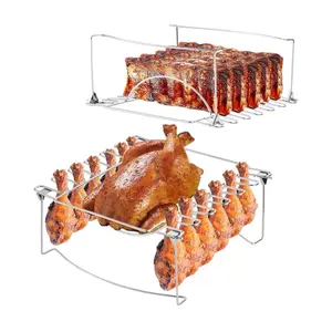 3-in-1 Rib Rack for Smoking & Chicken Leg Rack for Grill - Holds 6 Large Ribs, 12 Chicken Leg Wings & 1 Whole Chicken, Premium Foldable Drumstick Design - Meat