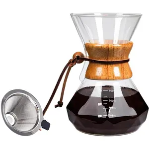 Pour Over Coffee Maker with  Stainless Steel Drip Filter,  Borosilicate Glass Coffee Carafe with Modern Wooden  for 1-4Cup,  Clear (600ml/20oz)