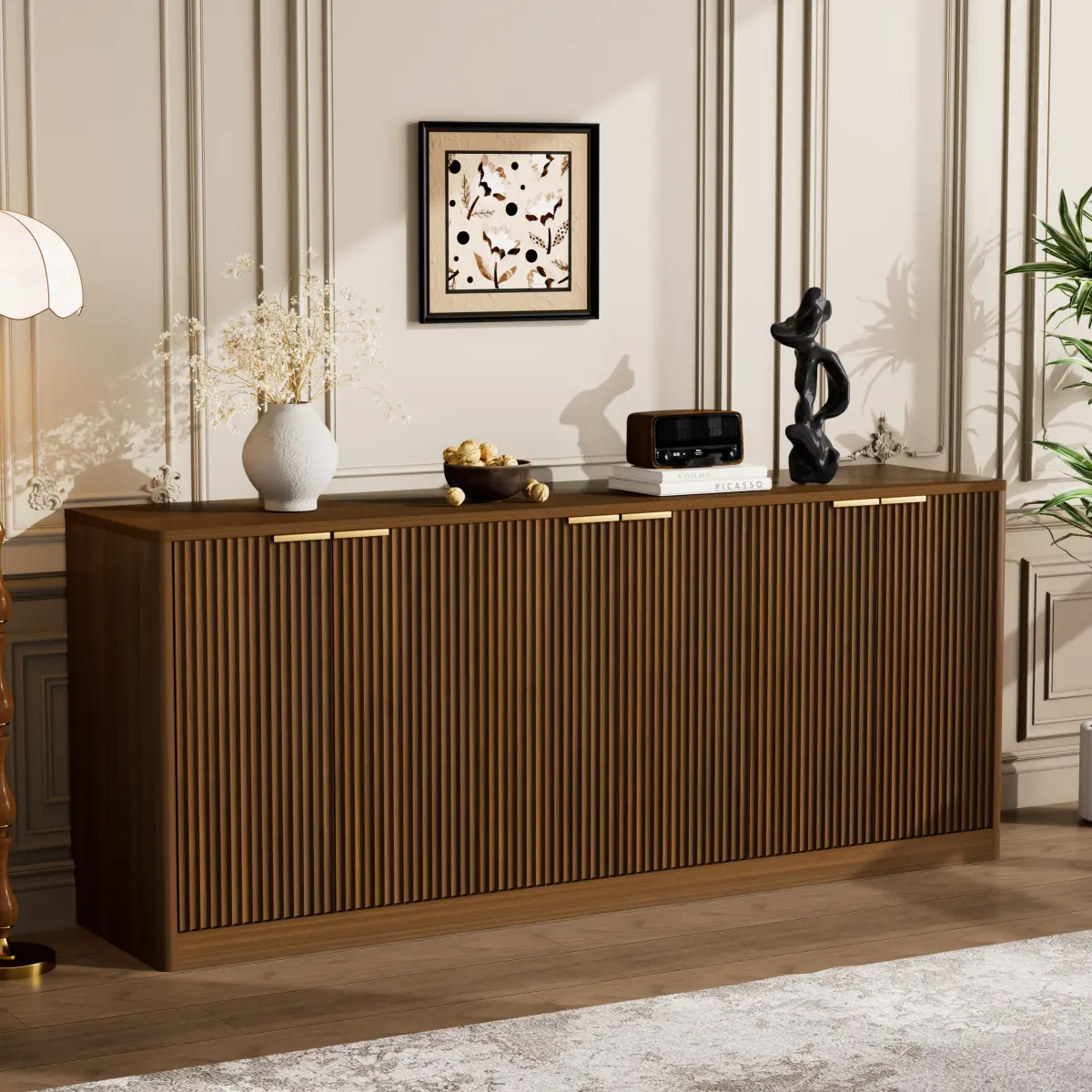 [Bellemave] 67-Inch Modern Wavy Sideboard, Curved Contour Design Storage Cabinet, 6-Door Cabinet with Storage Function, Suitable for Kitchen, Bedroom, Living Room