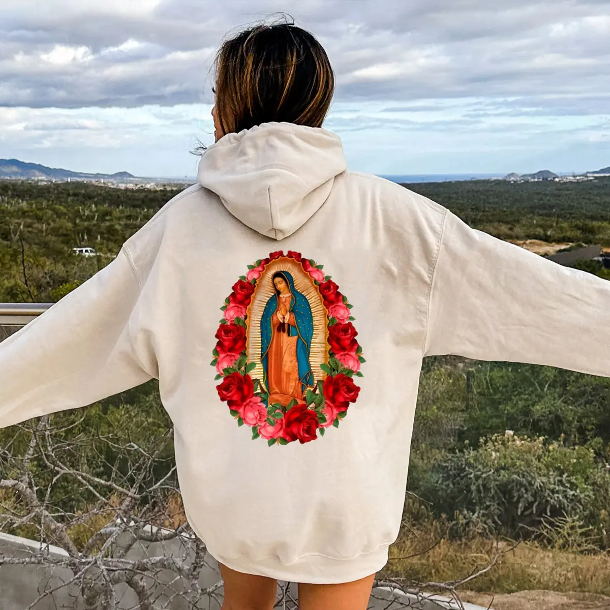 Virgen de Guadalupe Hoodie with Red & Pink Roses, Our Lady of Guadalupe Graphic Pullover, Catholic Faith Sweater, Mexican Religious Hoodie Gift