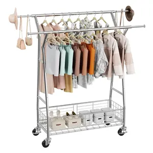 Rolling Clothes Rack With 2 Hanging Rods And Storage Basket, 330 Lbs Load Capacity, Extendable Carbon Steel Garment Rack On Wheels For Bedroom, Laundry, Living Room - Space Saving Wardrobe Organizer